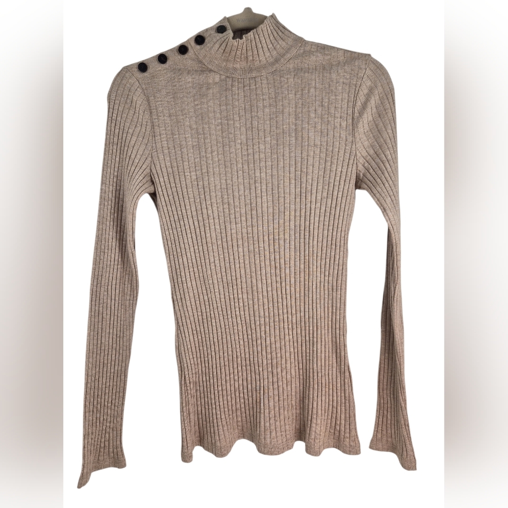 Theory Ribbed Mock Neck Sweater Scandi‎ Style Top Button Shoulder Oatmeal Beige